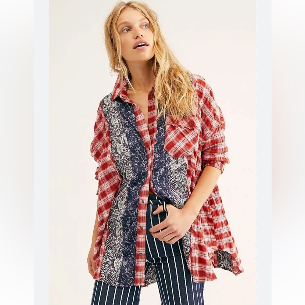 Free People We The Free (Fields Of Plaid) Snap Button Front & Sleeve Shirt Sz S